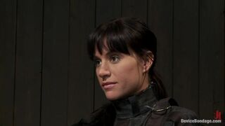 Bound in a straightjacket, inverted suspendedFucked by a machine, made to suck cock & zippered.