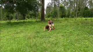 Hogtied with a tape outdoors