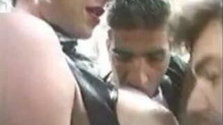 Collared bald girl gang banged