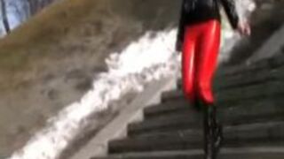 Rubber leggings outdoors