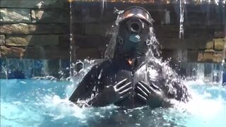 Latex and gas mask pool masturbation
