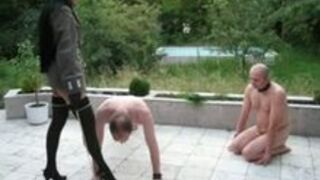 German Goddess Degrading two male slaves