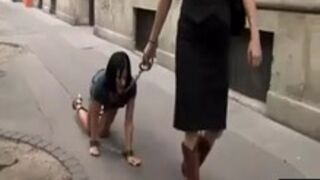 Tamed and humiliated outdoors